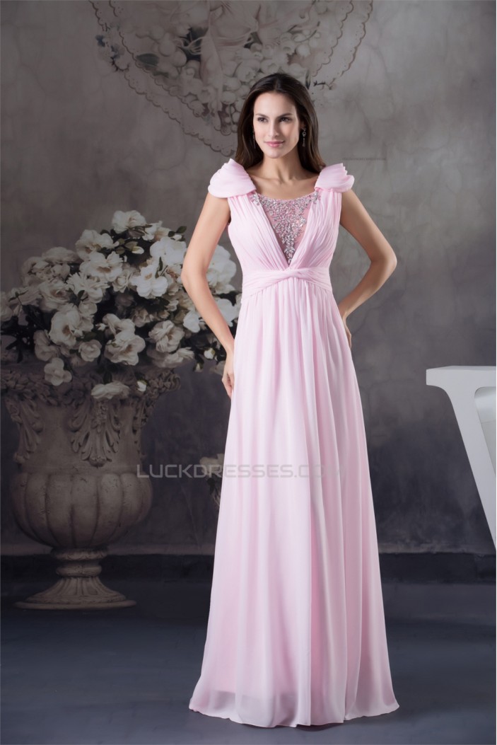 A-Line Cap-Sleeve Floor-Length Beading Long Pink Prom Evening Formal Bridesmaid Dresses 02020145