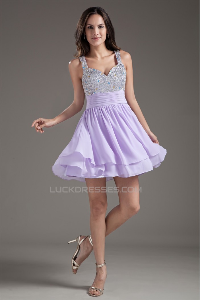 Sleeveless Short/Mini Straps Ruched Chiffon Silk like Satin Prom/Formal Evening Dresses 02021533