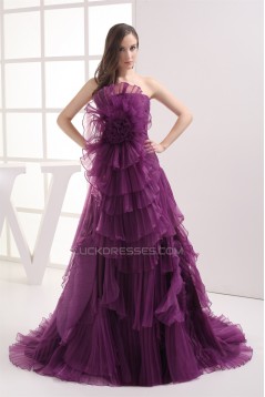 Court Train Strapless Satin Organza Handmade Flowers Prom/Formal Evening Dresses 02020165