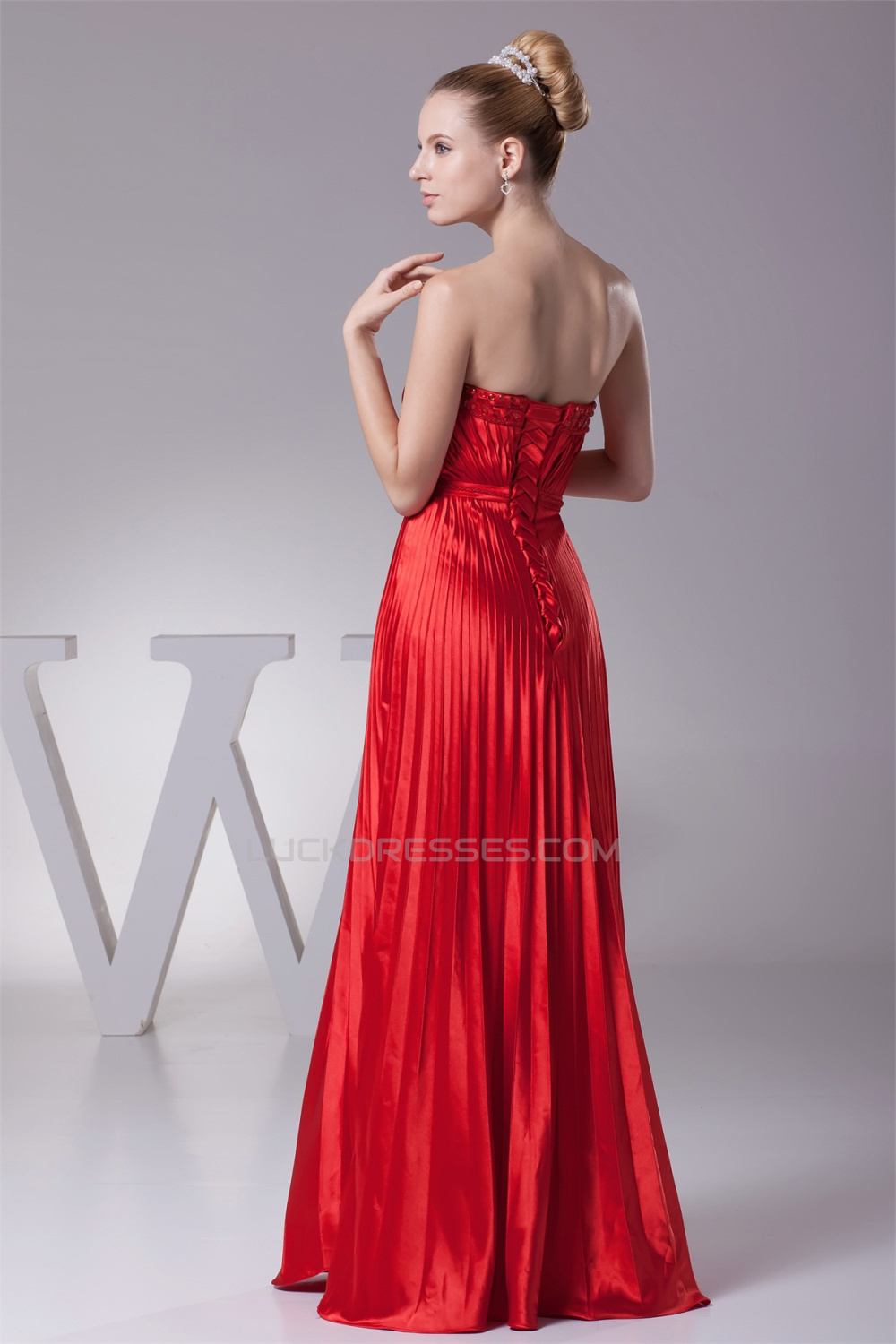 A-Line Floor-Length Beading Pleated Silk like Satin Long Red Prom ...
