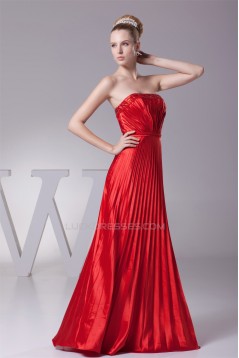 A-Line Floor-Length Beading Pleated Silk like Satin Long Red Prom/Formal Evening Dresses 02020182