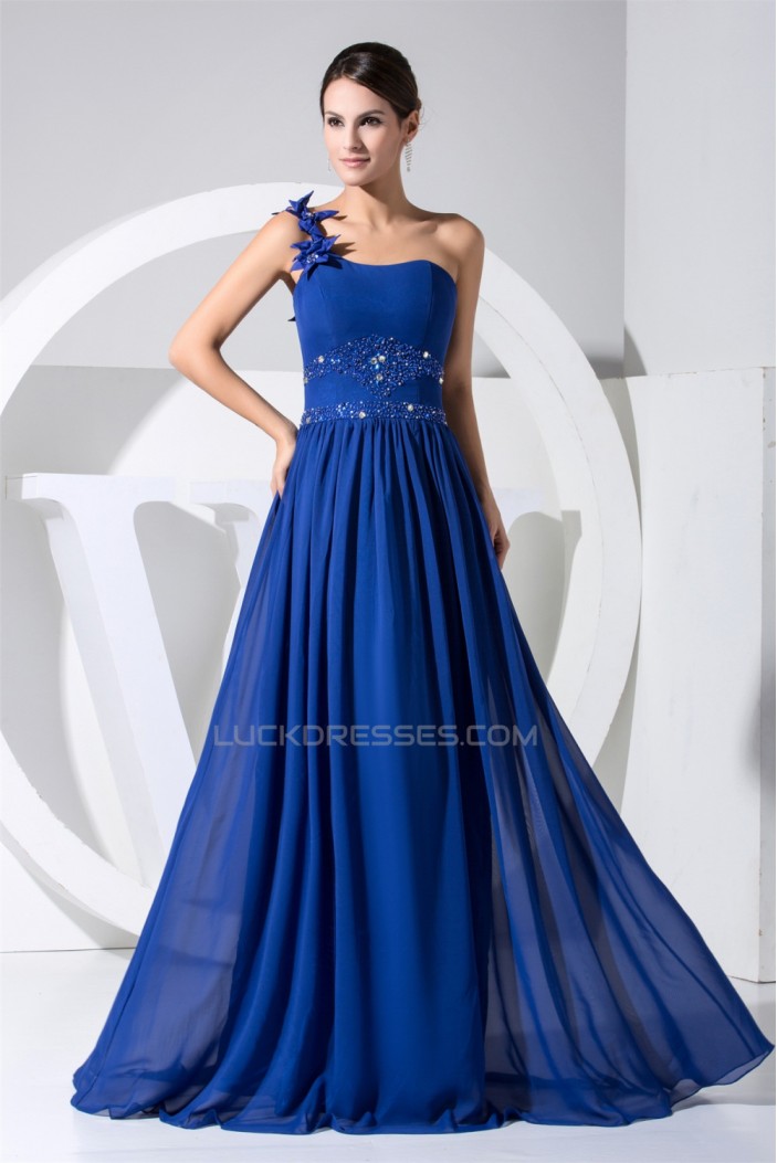 A-Line One-Shoulder Floor-Length Beaded Handmade Flowers Long Prom Evening Bridesmaid Dresses 02020190