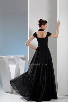 A-Line Halter Floor-Length Sleeveless Pleats Chiffon Long Black Prom/Formal Evening Dresses 02020205