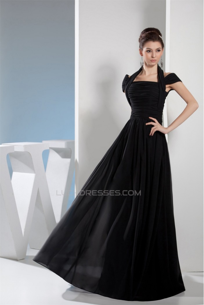 A-Line Halter Floor-Length Sleeveless Pleats Chiffon Long Black Prom/Formal Evening Dresses 02020205