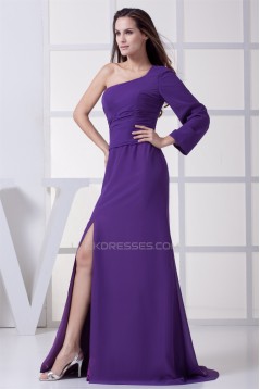 Long Sleeves Brush Sweep Train Ruched Chiffon Long Purple Prom/Formal Evening Dresses 02020215