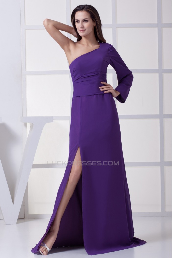 Long Sleeves Brush Sweep Train Ruched Chiffon Long Purple Prom/Formal Evening Dresses 02020215