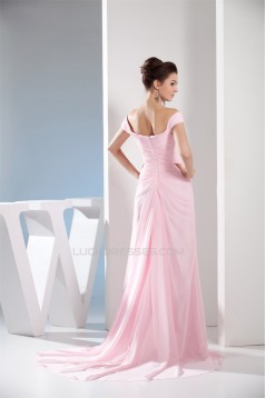 Off-the-Shoulder Sleeveless Brush Sweep Train Long Pink Prom/Formal Evening Dresses 02020226