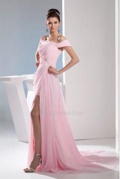 Off-the-Shoulder Sleeveless Brush Sweep Train Long Pink Prom/Formal Evening Dresses 02020226