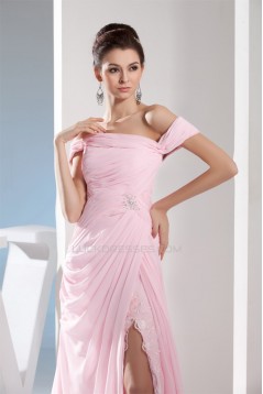 Off-the-Shoulder Sleeveless Brush Sweep Train Long Pink Prom/Formal Evening Dresses 02020226