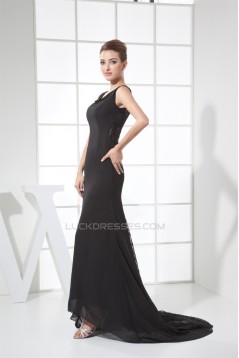 A-Line Sleeveless Strapless Long Black Chiffon and Lace Prom/Formal Evening Dresses 02020249