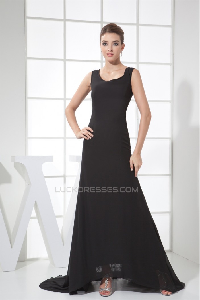 A-Line Sleeveless Strapless Long Black Chiffon and Lace Prom/Formal Evening Dresses 02020249