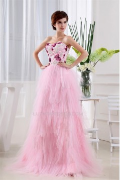 Ruffles Sleeveless Fine Netting Long Pink Prom/Formal Evening Dresses 02020261