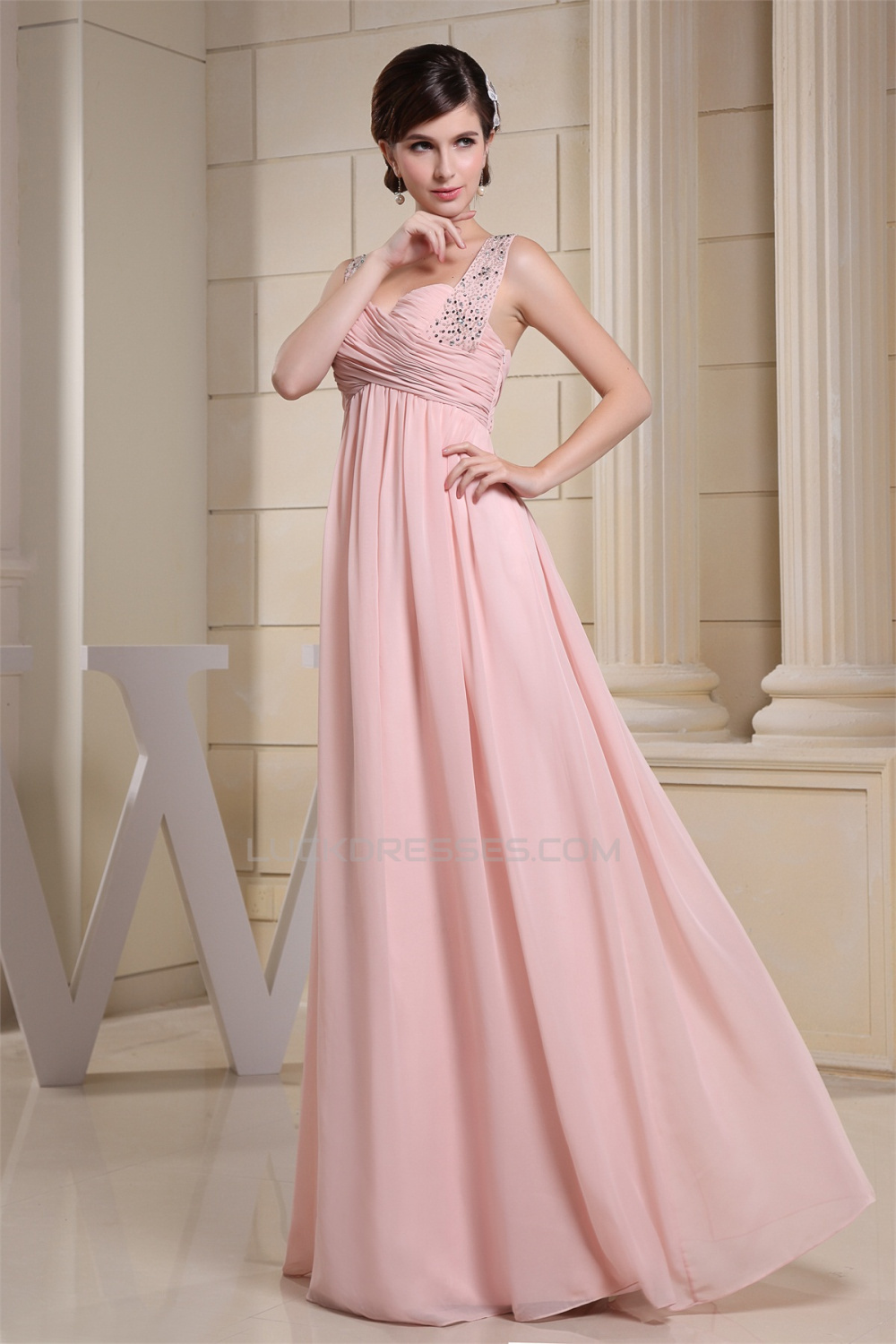 Empire Sleeveless Long Pink Chiffon Floor Length Prom Evening Maternity