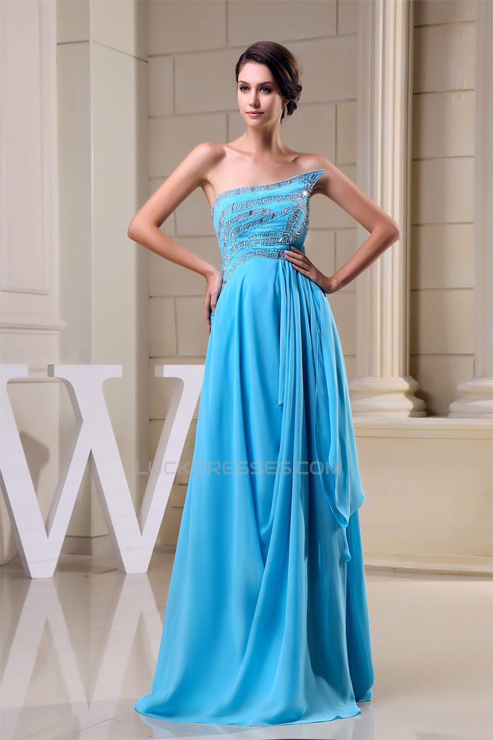 A-Line Strapless Beading Long Blue Floor-Length Prom Evening Formal ...