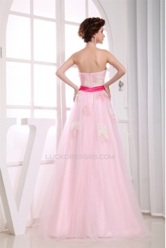 A-Line Sweetheart Satin Fine Netting Long Pink Beading Prom/Formal Evening Dresses 02020269