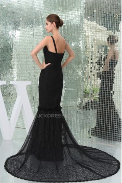 Elegant Trumpet/Mermaid Long Black Lace Brush Sweep Train Prom/Formal Evening Dresses 02020271