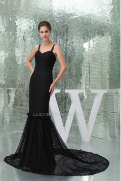 Elegant Trumpet/Mermaid Long Black Lace Brush Sweep Train Prom/Formal Evening Dresses 02020271