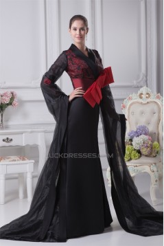 Long Black V-Neck Bows Prom/Formal Evening Dresses 02020276