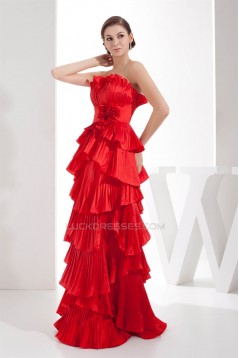 Satin Taffeta Brush Sweep Train Strapless Long Red Prom/Formal Evening Dresses 02020280
