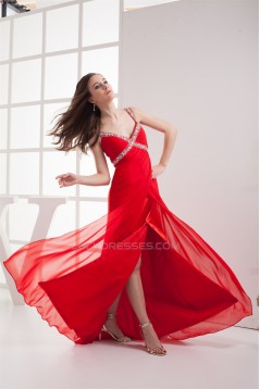 Sheath/Column Brush Sweep Train Sleeveless Long Red Chiffon Prom/Formal Evening Dresses 02020289