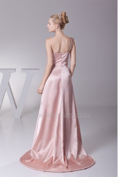 One-Shoulder Silk like Satin Sleeveless Brush Sweep Train Prom/Formal Evening Dresses 02020319