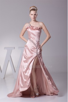 One-Shoulder Silk like Satin Sleeveless Brush Sweep Train Prom/Formal Evening Dresses 02020319