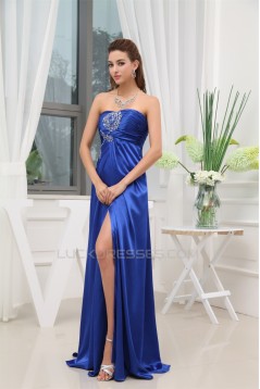 A-Line Silk like Satin Beading Long Blue Prom/Formal Evening Dresses 02020325