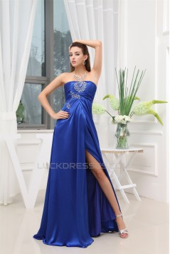 A-Line Silk like Satin Beading Long Blue Prom/Formal Evening Dresses 02020325