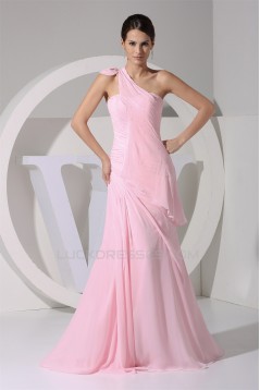 Elegant One-Shoulder Long Pink Chiffon Prom Evening Bridesmaid Dresses 02020347