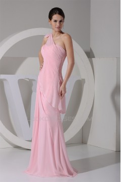 Elegant One-Shoulder Long Pink Chiffon Prom Evening Bridesmaid Dresses 02020347