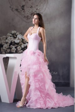 A-Line Sleeveless Satin Organza Brush Sweep Train Pink Prom/Formal Evening Dresses 02020379