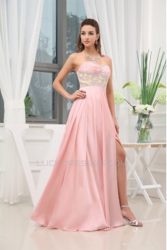 A-Line Sweetheart Beaded Long Pink Chiffon Prom Evening Formal Dresses 02020384