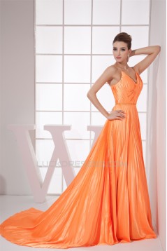 A-Line V-Neck Sleeveless Ruffles Brush Sweep Train Prom/Formal Evening Dresses 02020449