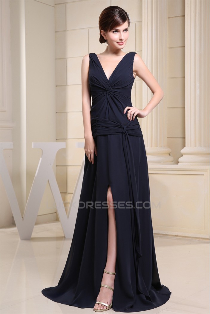 A-Line V-Neck Criss Cross Brush Sweep Train Chiffon Prom/Formal Evening Dresses 02020452