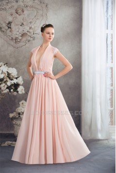 Sheath/Column Deep V-Neck Chiffon Lace Capped Sleeves Prom/Formal Evening Dresses 02020455