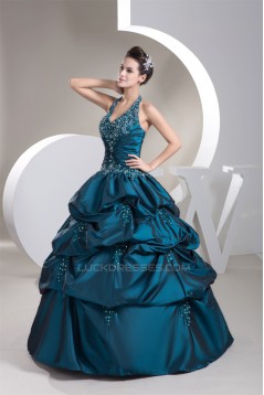 Ball Gown Halter Ruffles Beaded Appliques Floor-Length Prom/Formal Evening Dresses 02020462