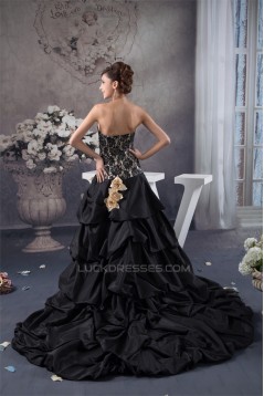 A-Line Strapless Satin Taffeta Lace Handmade Flowers Prom/Formal Evening Dresses 02020465