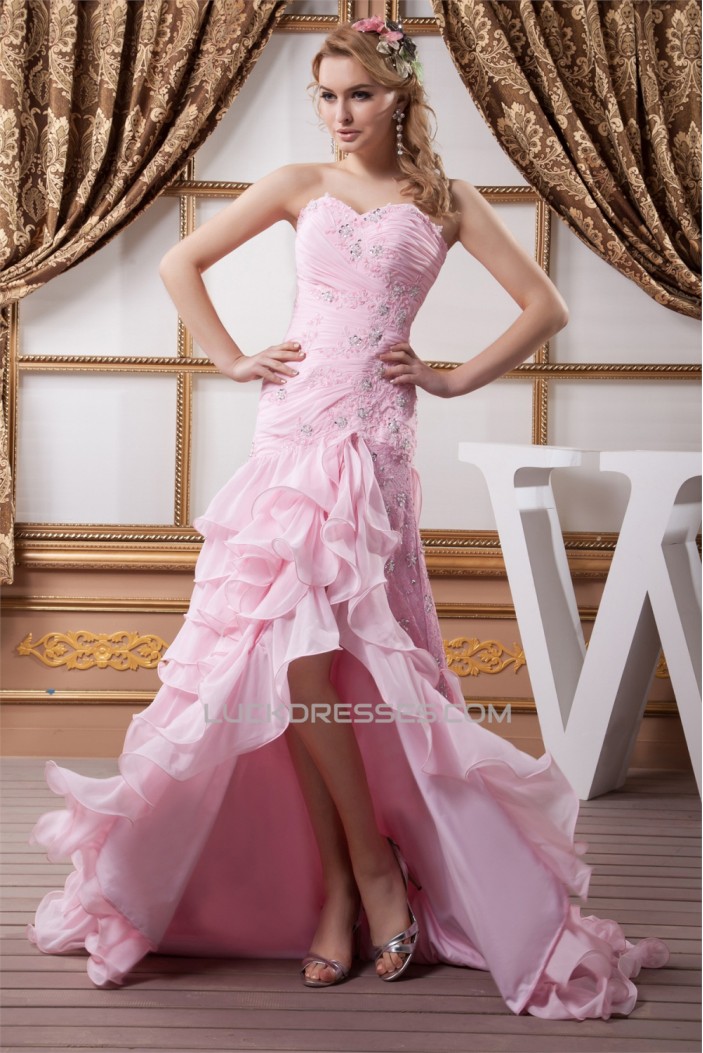 Asymmetrical Sleeveless Ruffles Sweetheart Lace Chiffon Prom/Formal Evening Dresses 02020468