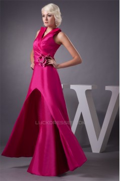 Satin Taffeta V-Neck Floor-Length Handmade Flowers Prom/Formal Evening Dresses 02020553