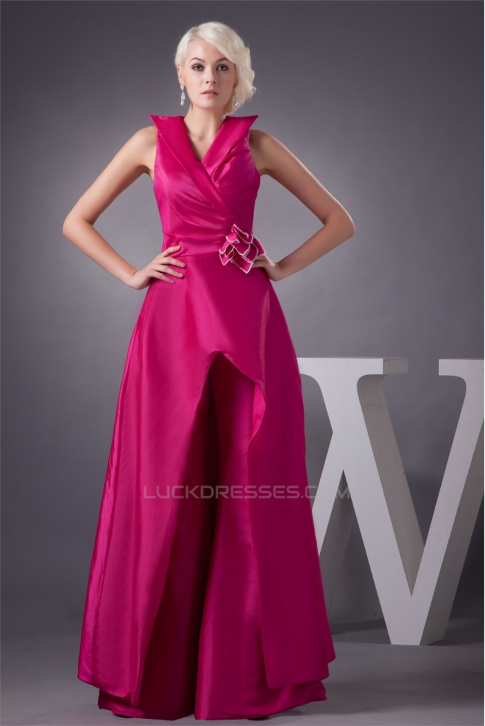 Satin Taffeta V-Neck Floor-Length Handmade Flowers Prom/Formal Evening Dresses 02020553