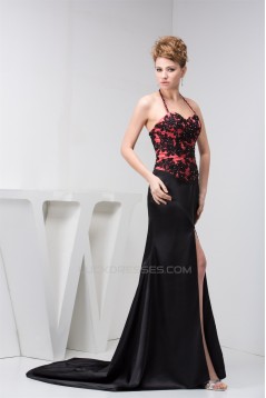 Silk like Satin Halter Sleeveless Split Front Evening Prom Formal Dresses 02020568