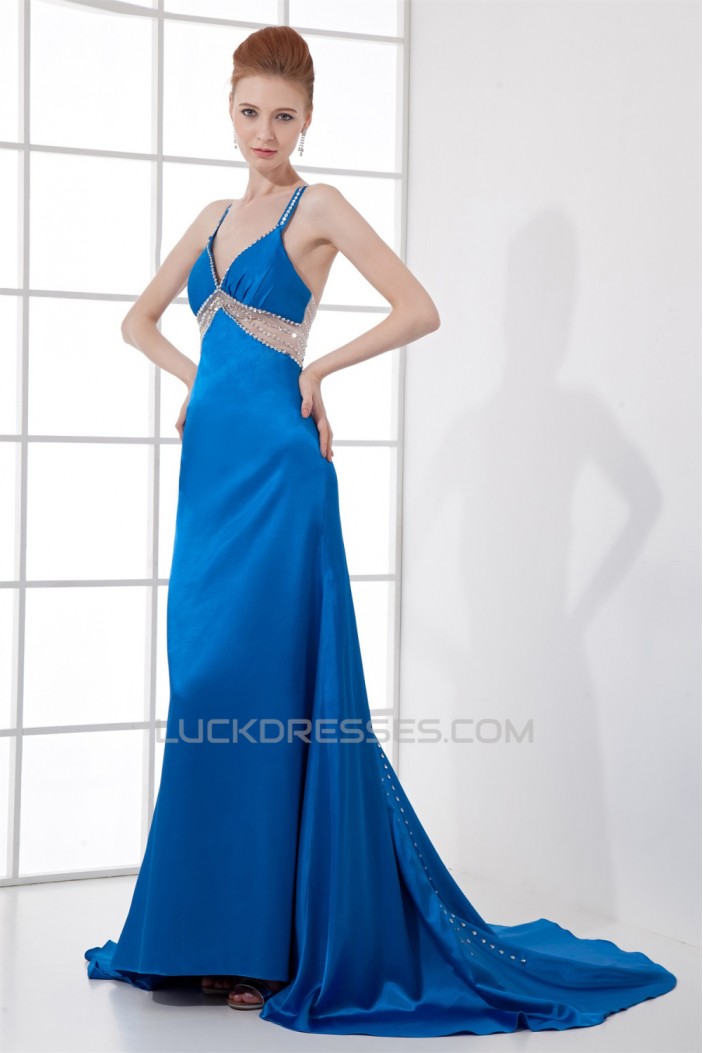 A-Line Beading Elastic Woven Satin Brush Sweep Train Prom/Formal Evening Dresses 02020609