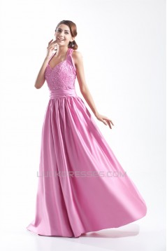 A-Line Halter Floor-Length Beading Satin Prom/Formal Evening Dresses 02020765