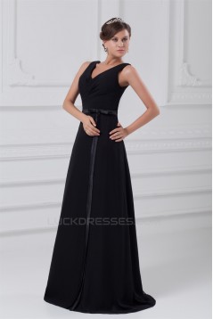 A-Line V-Neck Long Black Chiffon Evening Party Bridesmaid Dresses 02020823