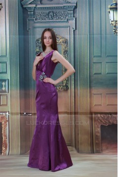 Satin V-Neck Crystal Flora Pin Brush Sweep Train Prom/Formal Evening Dresses 02020827