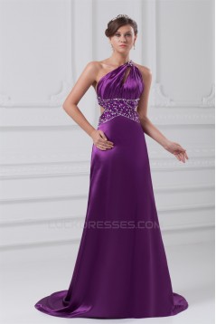 A-Line Sleeveless Elastic Woven Satin One-Shoulder Long Purple Beading Prom/Formal Evening Dresses 02020876