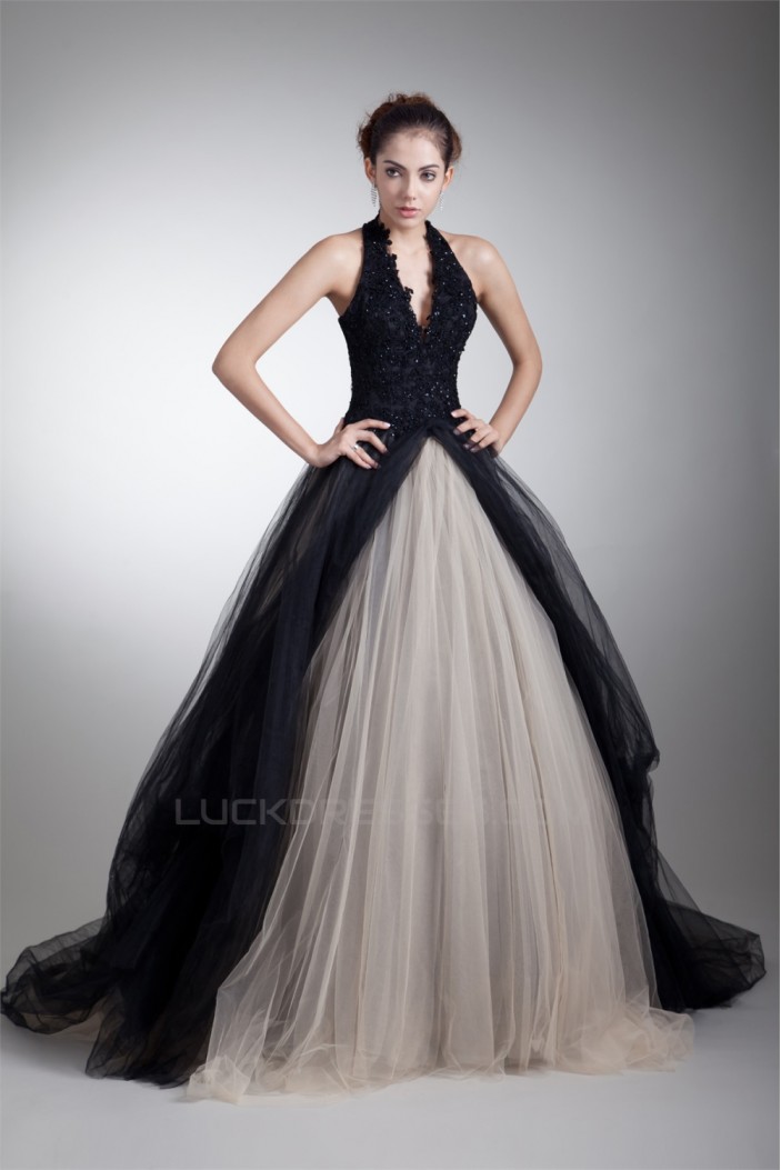 Ball Gown Sleeveless Halter Beaded Appliques Net Prom/Formal Evening Dresses 02020882