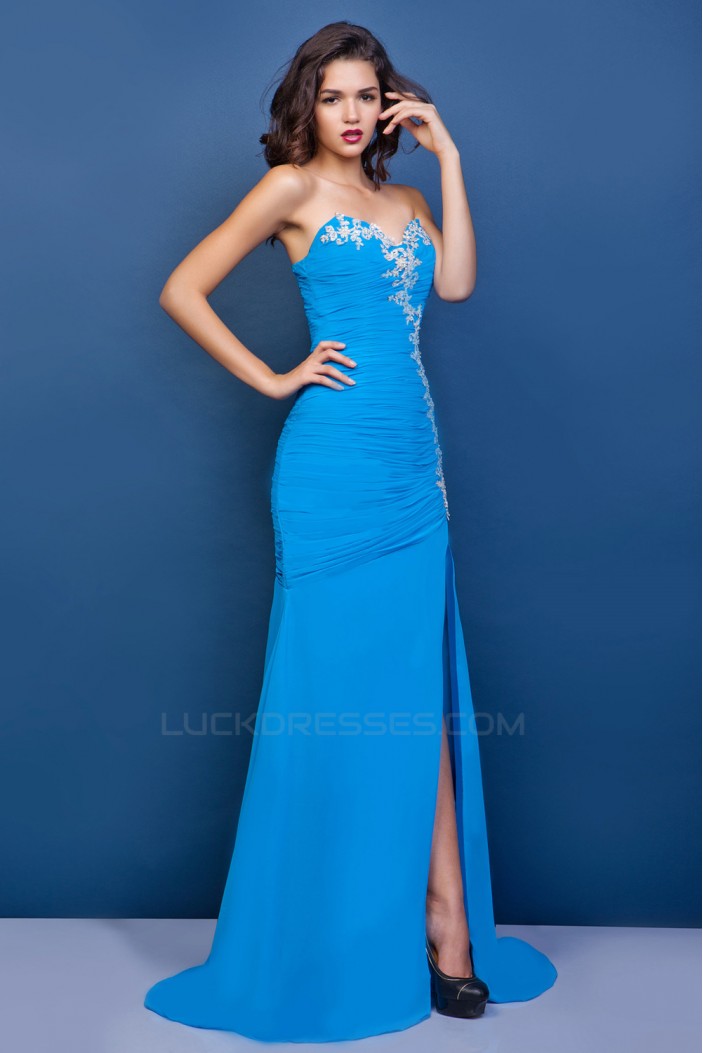 Sheath/Column Sweetheart Blue Long Chiffon Prom Evening Party Dresses 02020972