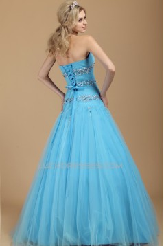 A-Line Sweetheart Beaded Long Blue Tulle Prom Evening Party Dresses 02020984