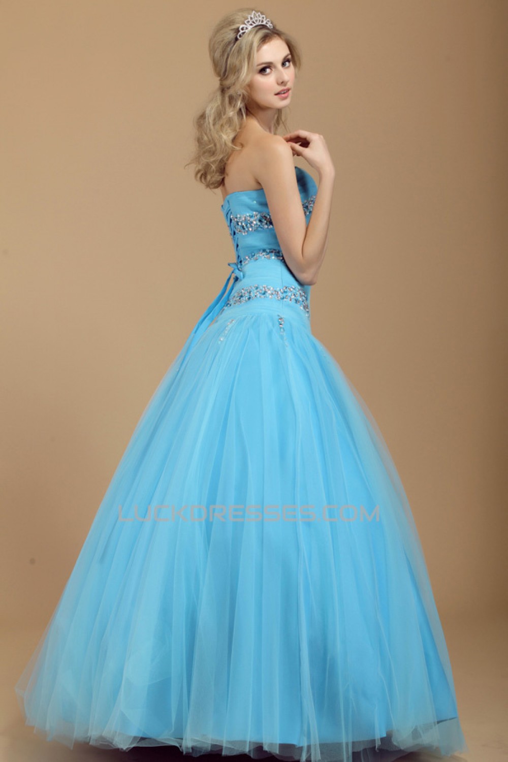 A-Line Sweetheart Beaded Long Blue Tulle Prom Evening Party Dresses ...